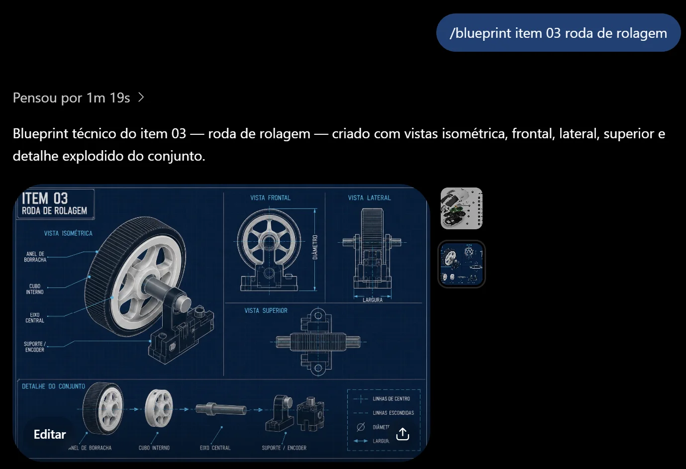 Print do ChatGPT com o comando /blueprint item 03 roda de rolagem e a resposta: blueprint técnico com vistas isométrica, frontal, lateral, superior e detalhe explodido do conjunto.