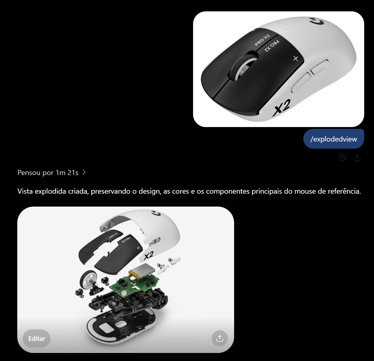Print do ChatGPT: foto do mouse enviada com o comando /explodedview; o modelo pensou por 1m21s e respondeu com a vista explodida do mouse, preservando design, cores e componentes.